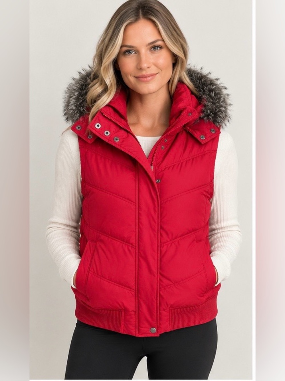 GAP Red Down filled Puffer Vest with Faux Fur Trim Hood